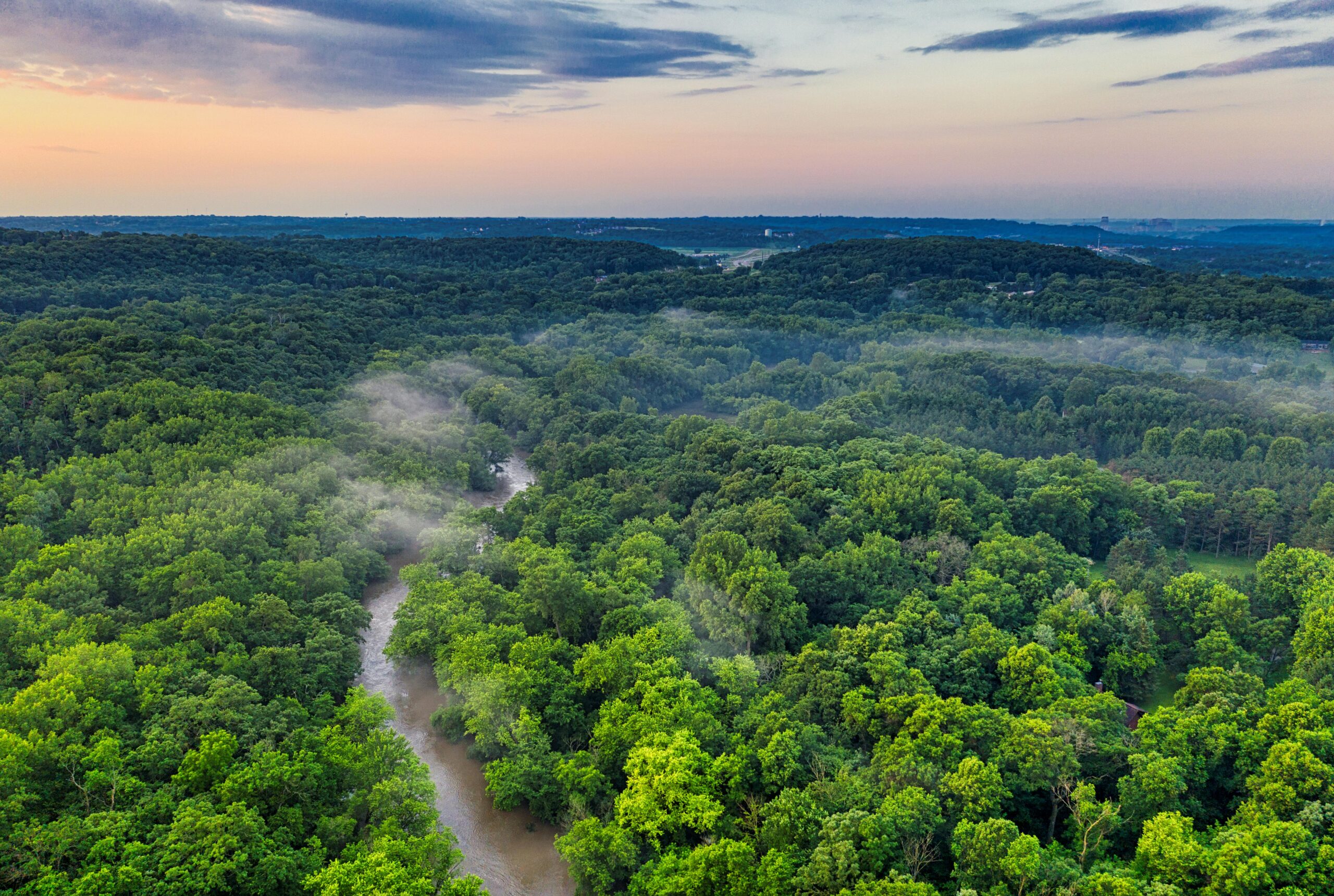 Scenic aerial view of a lush green forest with a river and mist at sunset, showcasing nature