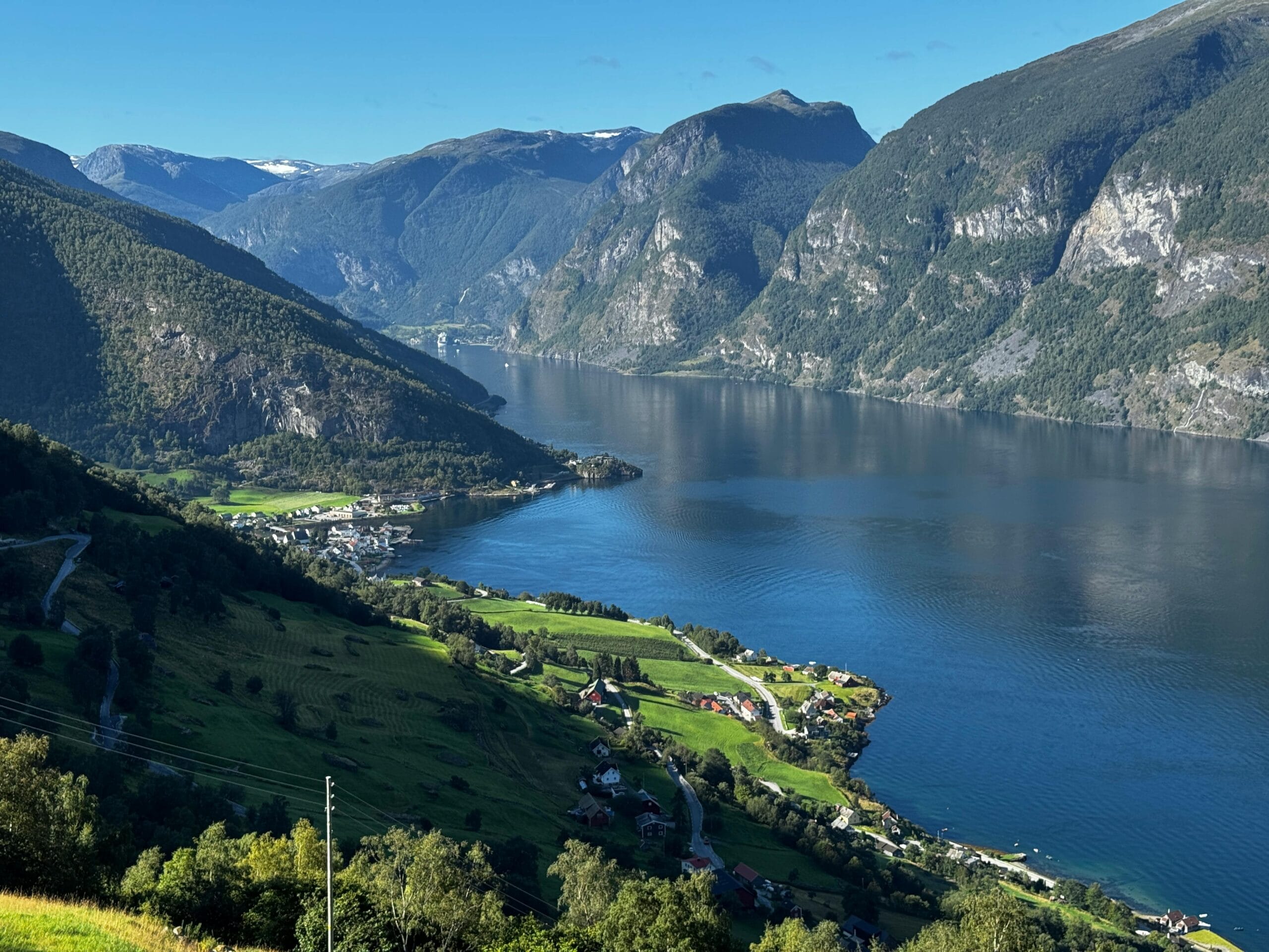 A breathtaking view of a Norwegian fjord with lush green landscapes and mountainous terrain.